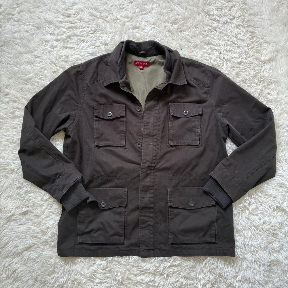 Merona Mens XL Brown Cotton Field Jacket Utility Military Multi Pocket RN17730